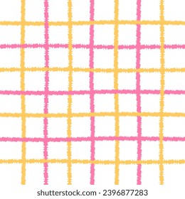 Doodle Gingham Check Plaid Vector Pattern. Vertical and horizontal hand drawn crossing textured pink and yellow stripes. Chequered freehand geometrical background. Cottagecore Homestead Print