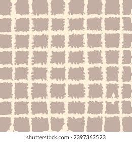 Doodle Gingham Check Plaid Vector Pattern. Vertical and horizontal hand drawn crossing textured beige stripes. Chequered freehand geometrical background. Cottagecore Homestead Farmhouse Print