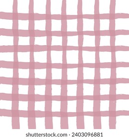 Doodle Gingham Check Plaid Vector Pattern. Vertical and horizontal hand drawn crossing textured pink stripes. Chequered freehand geometrical background. Cottagecore Homestead Farmhouse Print