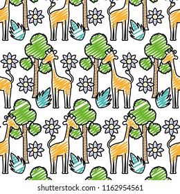 doodle giraffe with tree leaves and flower background