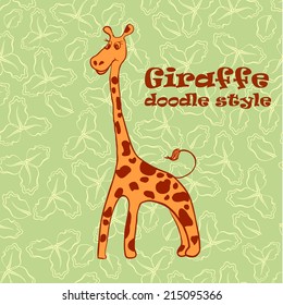 Doodle giraffe, vector animal.Giraffe on the green nature leaf background.