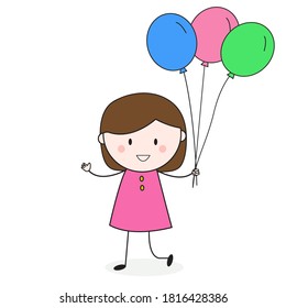 Doodle Girl with Balloon Pink Cartoon Vector