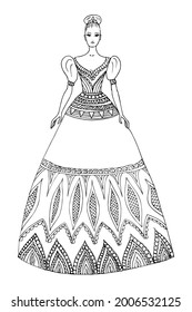 Doodle girl in beautiful fantasy dress coloring page for adults. Fantastic graphic artwork. Hand drawn simple flat vector illustration.