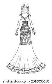 Doodle girl in beautiful fantasy dress coloring page for adults. Fantastic graphic artwork. Hand drawn simple flat vector illustration.
