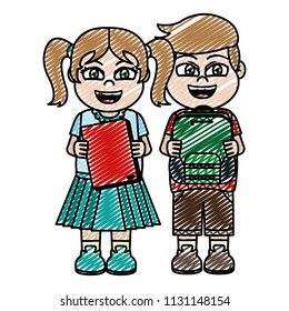 doodle girl and boy with book and backpack utensils