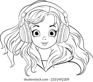 Doodle girl cartoon wearing headset illustration