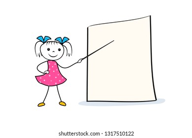 Doodle girl character with pointer in hand near empty presentation board. Cartoon template for conference, seminar or lecture. Vector illustration