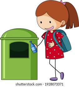 A doodle girl cleaning trash cartoon character isolated illustration