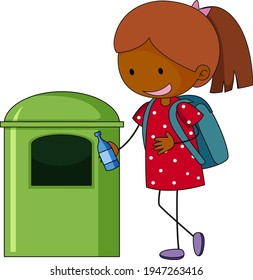 A doodle girl cleaning trash cartoon character isolated illustration