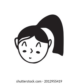 Doodle girl face. Black and white vector isolated illustration single logo. Happy girl with a ponytail. Student or teenager