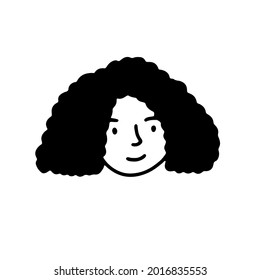 Doodle girl face. Hand-drawn outline human isolated on white background. Funny minimalistic Avatar. Cartoon curly woman. Female portrait. Beautiful bob hairstyle, positive emotion. Vector illustration