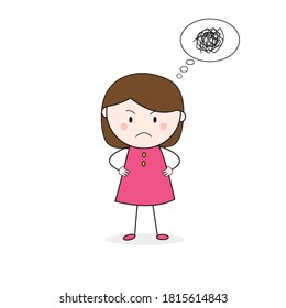 Doodle Girl Frown Face Standing With Akimbo Pose Cartoon Vector