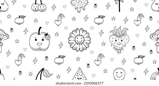 Patrón de fruta de niña de perro. Un fondo impecable para niños. Resumen sin fisuras. Fresa divertida, cereza, personajes de flores. Niños de dibujos animados con un fondo de postre exótico. Comida vectorial kawaii. Libro de coloración