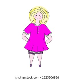 Doodle girl, hand-drawn illustration of a cute girl in a pink dress, cute doll, isolated on white background