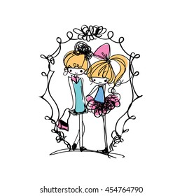 doodle girl illustration, two girls , cartoon illustration