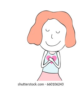 Doodle girl  with  little pink heart  vector eps.10