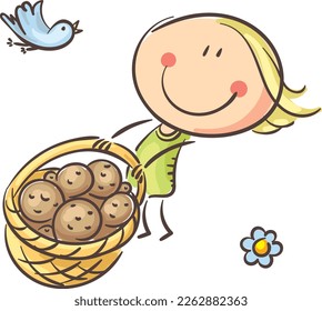 Doodle girl with a potato harvest in a basket. Cartoon kid vector clipart illustration.