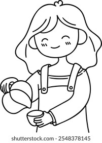 Uma garatuja de uma menina derramando café em uma xícara, ideal para marca de café e projetos com tema de barista.