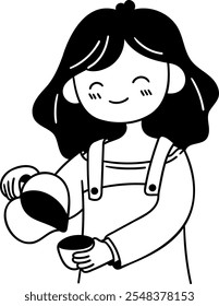 A doodle of a girl pouring coffee into a cup, ideal for coffee shop branding and barista-themed designs.