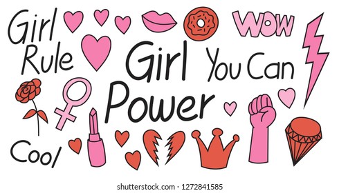 Doodle girl power for t shirt design, print, sticker, card 