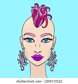 Doodle girl with shaved head and earrings. Womens portrait with rink and violet hair. Vector illustration.