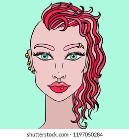 Doodle girl with shaved head. Womens portrait with pink hair. Vector illustration.