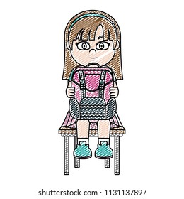 doodle girl sitting chair with backpack utensil