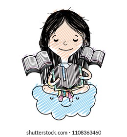 doodle girl sitting in the cloud and reading books