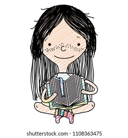 doodle girl sitting with education book and casual clothes
