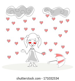 doodle girl with umbrella under rain of hearts vector