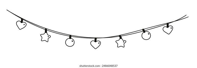 Doodle girland. Hand drawn holiday bunting. Birthday garland of flags of different shapes. Hearts, circles. stars. Children drawing.