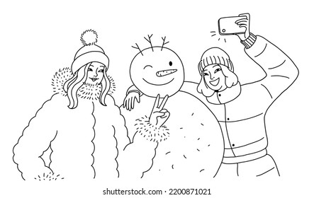 Doodle girlfriends take a picture of themselves on a mobile phone next to a cheerful snowman. Photo for memory with a snowman. Vector isolated illustration of teenagers having fun.