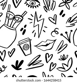 Doodle girlish shapes. Eyes, hearts, lips, dress. Abstract seamless patterns. Trendy print design. Art for different purposes. Ready-to-use design template. Vector illustration.