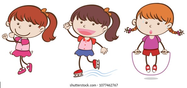 Doodle Girls Doing Sport Activities illustration