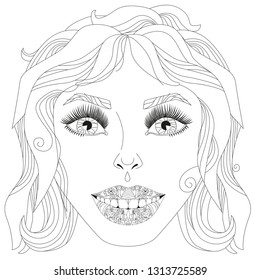 Doodle girls face. Womens portrait for adult coloring book. Vector illustration.