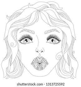 Doodle girls face. Womens portrait for adult coloring book. Vector illustration.