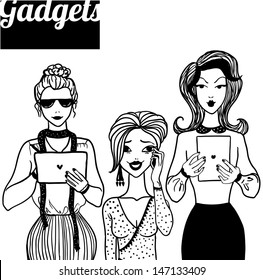 Doodle girls with gadgets.