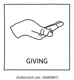 Doodle GIVE icon. Hand drawn gesture symbol. Line art style graphic design element. Giving, sharing, charity, reaching out for help concept. Vector illustration