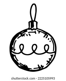 Doodle of glass bauble on ribbon. Outline drawing of Christmas tree decoration. Hand drawn vector illustration. Single clipart isolated on white..