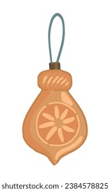 Doodle of glass bauble on ribbon. Cartoon clipart of Christmas tree decoration. Vector illustration isolated on white background.