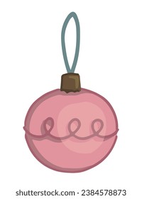 Doodle of glass bauble on ribbon. Cartoon clipart of Christmas tree decoration. Vector illustration isolated on white background.