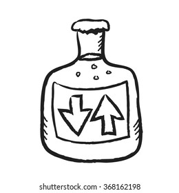 doodle glass bottle with label download upload, vector illustration icon