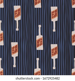 Doodle glass bottle seamless pattern on  stripes background. Abstract bottles wallpaper. Design for fabric, textile print, wrapping paper. Funny vector illustration