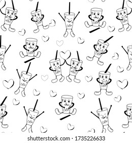 Doodle glass of coffee pattern with different sad and funny emotions and love can be used as a print