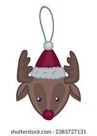 Doodle of glass deer head on ribbon. Cartoon clipart of cute Christmas tree decoration. Contemporary vector illustration isolated on white background.