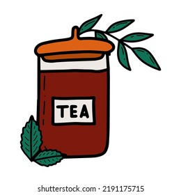 Doodle glass jar with tea vector isolated illustration. Organic beverage from dry leaves. Healthy calming tea pack. Doodle line sketch. Kitchen element.