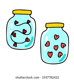 Doodle glass jars with red hearts. Color Transparent container isolated on white background. Valentines day sign. Festive decoration, cozy home decor. Love, feelings cute symbol. Vector illustration