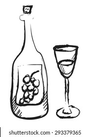 doodle glass of wine and bottle, vector illustration