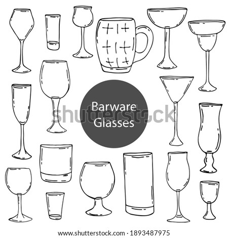 Doodle glasses for the bar. Hand-drawn illustrations. Glass objects