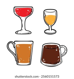 Doodle of glasses with drinks. Simple outline of alcoholic or soft drinks. Vector illustration for online and print design projects. Icons for cafe menu designs.